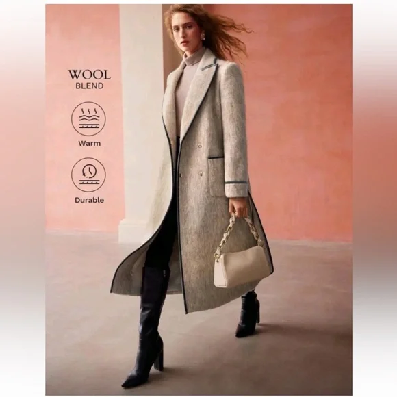 Motf Wool Blend Beige Ivory Long Duster Coat/Jacket Sz L Blue Velvet Trim - Picture 1 of 14